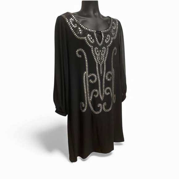 LBD NYE Ready Size 16W Black Beaded Cocktail Silver Embellished Party Dress - Picture 2 of 6